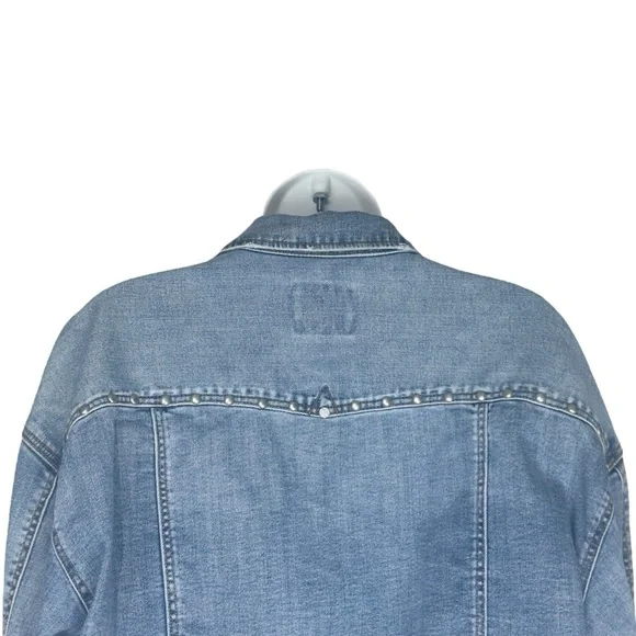 Liverpool Faded Blue Distressed Wide Long Sleeve Crop Denim Jean Jacket Medium - Picture 13 of 14